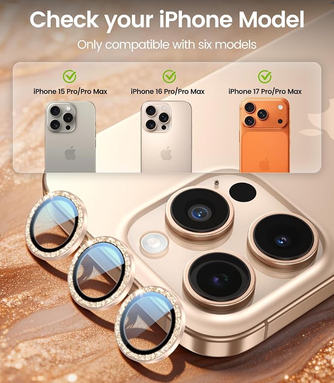 PandaShield 2-Pack Anti-Reflection Camera Lens Protector for iPhone 17/16/15 Pro & Pro Max, Easy Installation,9H Hardness,98% Ultra Clarity,Maintains Original Lens Design- Glitter Desert Titanium