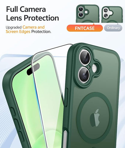 FNTCASE for iPhone 16 Case: [Compatible with Magsafe] Translucent Matte Cases with [Full Camera Protection] [Screen Protector] Military Grade Shockproof Protective Phone Cover - Green