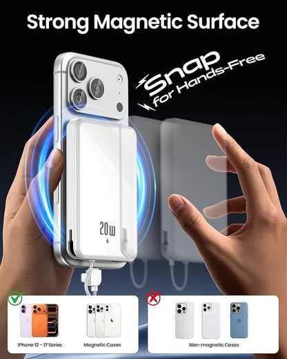 golioklsy Portable Charger Power Bank, 10000mAh Phone Charger with Built-in Cable, 20W PD Fast Charging, Slim Battery Pack with LED Display, Travel Essential for iPhone 17/16/15/14 All Series, White