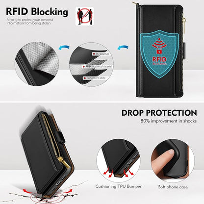 Antsturdy Compatible with iPhone 15 Wallet Case Card Holder【RFID Blocking】 PU Leather Phone Case Women Men flip Protective Cover Wrist Strap Zipper Credit Card Slots,for Apple 15 6.1",(Black)