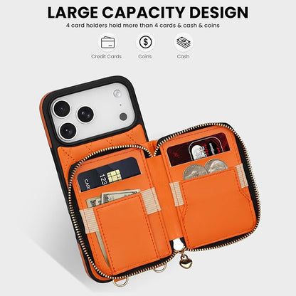 Keallce for iPhone 17 Pro Max 6.9'' Wallet Case, Crossbody Zipper Purse with Wristlet for Women, RFID Blocking Card Holders, Flip Leather Case for iPhone 17 Pro Max, Orange