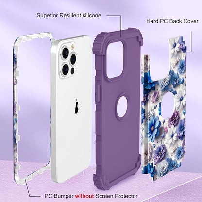 Hocase for iPhone 13 Pro Max Case, Heavy Duty Shockproof Protection Soft Silicone Rubber Bumper+Hard Plastic Hybrid Protective Case for iPhone 13 Pro Max (6.7") 2021 - Blue Purple Flowers