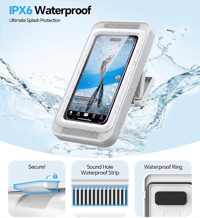 Coolpow Shower Phone Holder Waterproof with Speaker, Waterproof Phone Holder for Shower with 480° Adjustable【Enhanced Sound Quality】 HD Touch Screen Water-Proof & Anti-Fog Phone Mount for 4-7" Phones
