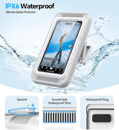 Coolpow Shower Phone Holder Waterproof with Speaker, Waterproof Phone Holder for Shower with 480° Adjustable【Enhanced Sound Quality】 HD Touch Screen Water-Proof & Anti-Fog Phone Mount for 4-7" Phones