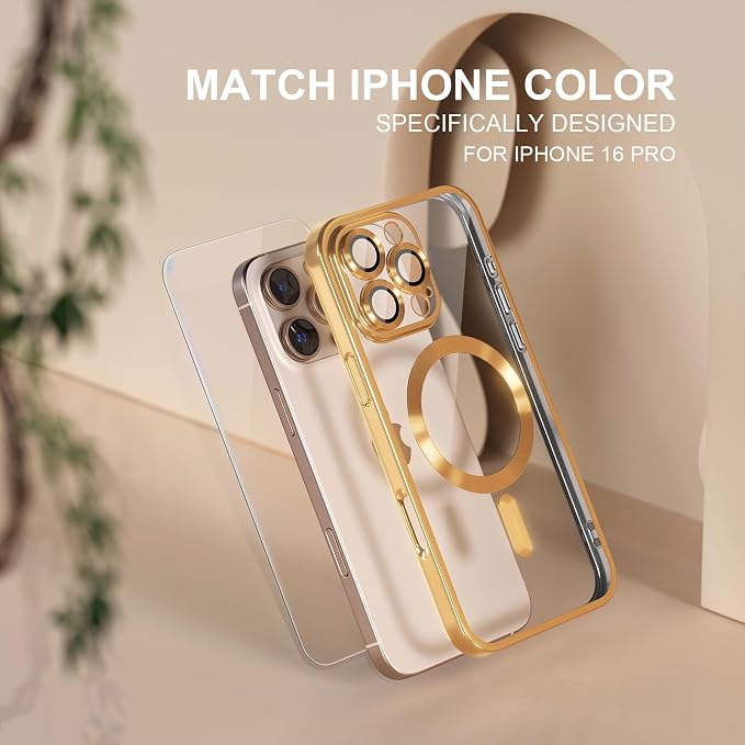 Misea Magnetic for iPhone 16 Pro Case Compatible with MagSafe [Never Yellowing] [Military Grade Drop Protection] Full Camera Lens Protector Plating Soft Clear Phone Case for Women 6.3", Gold