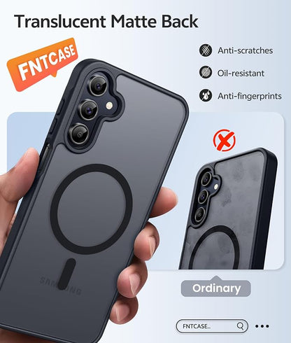 FNTCASE for Galaxy A15 5G Phone Case, Screen Protector, Black | Translucent Matte Magnetic Back, 14FT Military Grade Drop Protection, Shockproof Protective, for Samsung A 15 Cover