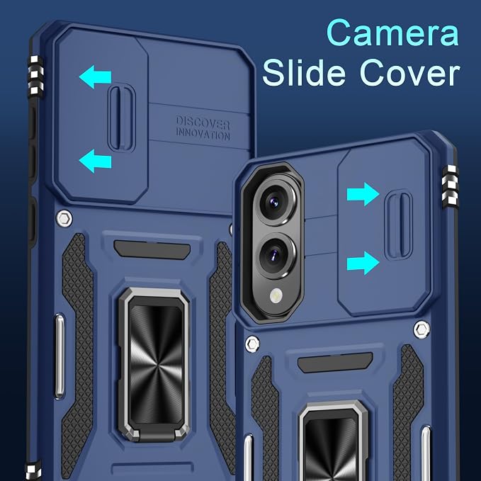 DEERLAMN Case for Samsung Galaxy S25 Edge with Slide Camera Cover+Screen Protector (1 Pack), Rotated Ring Kickstand Military Grade Shockproof Protective Cover-Navy Blue