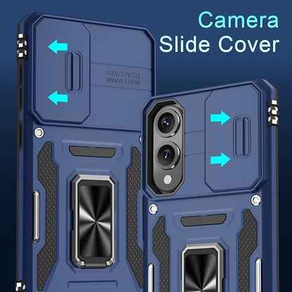 DEERLAMN Case for Samsung Galaxy S25 Edge with Slide Camera Cover+Screen Protector (1 Pack), Rotated Ring Kickstand Military Grade Shockproof Protective Cover-Navy Blue