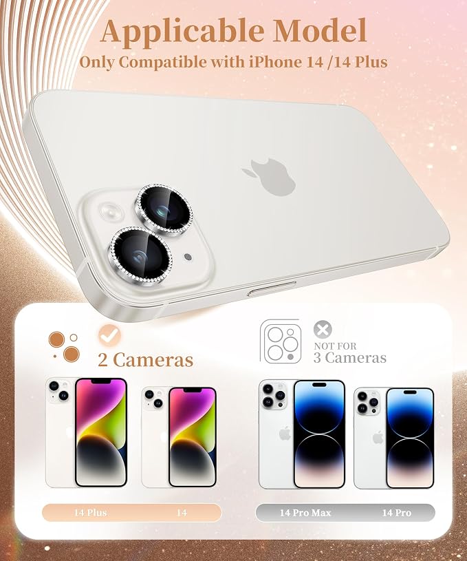 GolbinBox Camera Lens Protector for iPhone 14/14 Plus, 1:1 Invisible Fit, 9H Tempered Glass Ultra HD Metal Individual Camera Cover for Women, Case Friendly, Bling/Silver