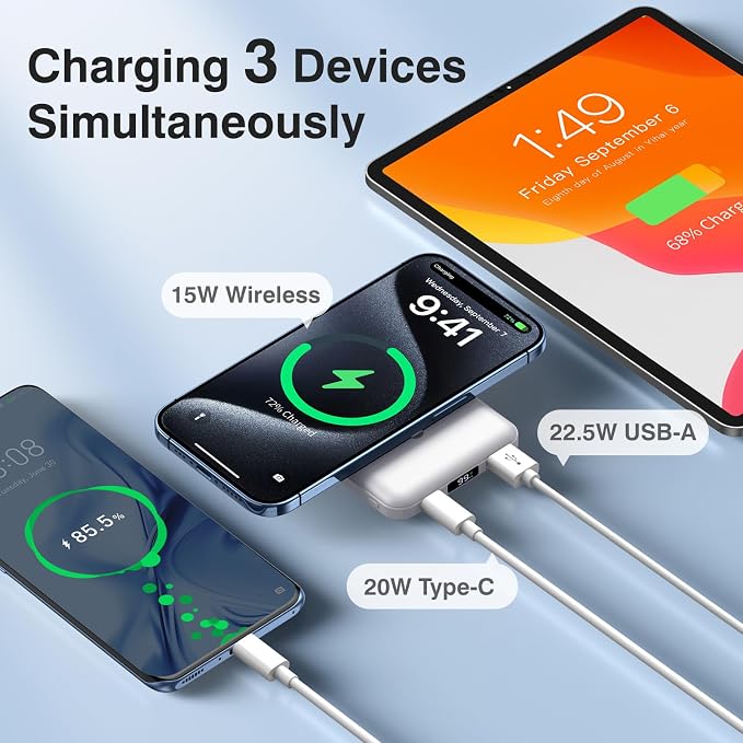 AOGUERBE for MagSafe Portable Charger, 10000mAh Magnetic Power Bank 22.5W Fast Charging, Mini Battery Pack Wireless with LED Display&Foldable Stand for iPhone 17/16/15/14/13/12 Series (Polar White)