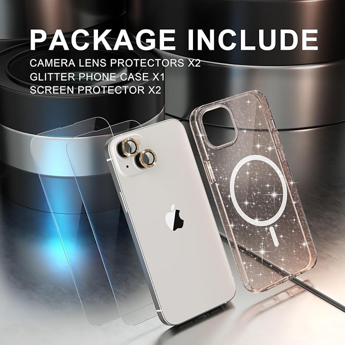Choiche Magnetic Case for iPhone 14 Plus, Women Clear Glitter Bling Sparkly Case, [2xDiamond Camera Lens Protectors] [2xTempered Glass Screen Protectors] [Compatible MagSafe] (Glitter Gold)