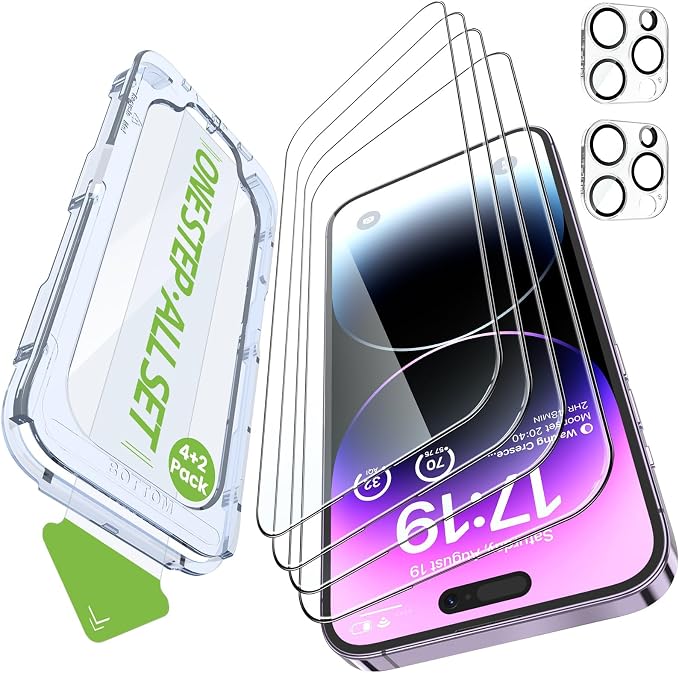 iGluz 4 Pack for iPhone 14 Pro Max Screen Protector with 2-Pack Camera Lens Protector[99.99%HD Clear][9H Tempered Glass][Bubble Free][Easy Installation][Smooth Touch][Anti-fingerprint],4+2 Protection