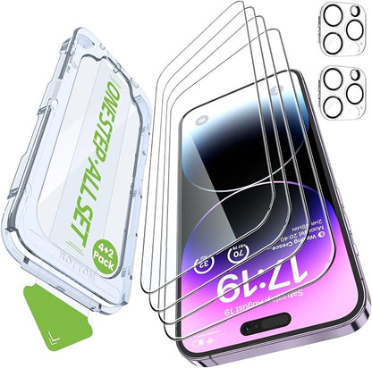 iGluz 4 Pack for iPhone 14 Pro Max Screen Protector with 2-Pack Camera Lens Protector[99.99%HD Clear][9H Tempered Glass][Bubble Free][Easy Installation][Smooth Touch][Anti-fingerprint],4+2 Protection