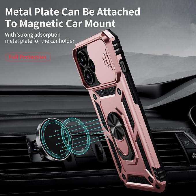 Vinve for iPhone 14 Pro Max Case with Slide Lens Cover HD Screen Protector, Military Grade Drop Protection, Magnetic Rotated Ring Holder Kickstand Protective Phone Case (Rose Gold)