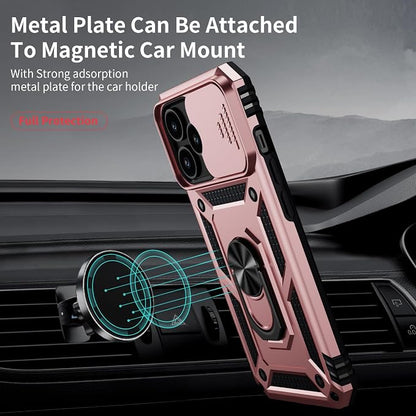 Vinve for iPhone 14 Pro Max Case with Slide Lens Cover HD Screen Protector, Military Grade Drop Protection, Magnetic Rotated Ring Holder Kickstand Protective Phone Case (Rose Gold)
