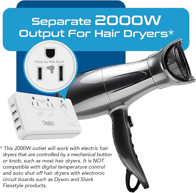 Ceptics 220V to 110V Travel Voltage Converter for Hair Dryer, 2000W & 200W outlets for Dryers, Curling Iron, Straightener, Chargers, Step Down, 4 USB Ports (1x USB-C) with 6 SWadApt attachments