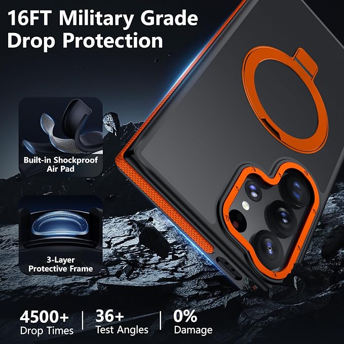 for Samsung Galaxy S24 Ultra Case, Magnetic Adjustable Ring Stand [Fit for Magsafe], [Military-Grade Shockproof Protection] Phone Case for S24 Ultra Case with Kickstand&Ring Holder (Orange)