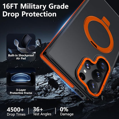 for Samsung Galaxy S24 Ultra Case, Magnetic Adjustable Ring Stand [Fit for Magsafe], [Military-Grade Shockproof Protection] Phone Case for S24 Ultra Case with Kickstand&Ring Holder (Orange)