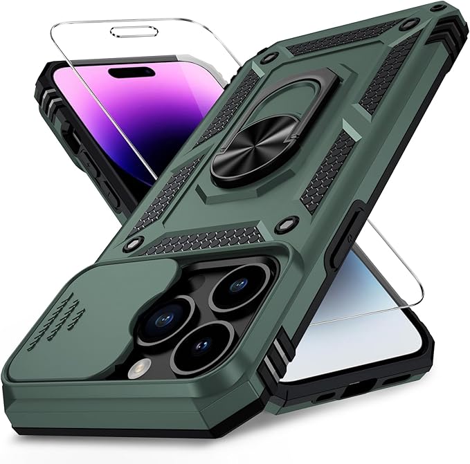 Weycolor for iPhone 14 Pro Max Case with Camera Lens Cover, HD Screen Protector, 10 FT Military Grade Drop Protection, Magnetic Ring Holder Kickstand Protective Phone Case, Pine Green