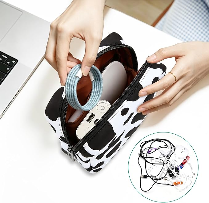 Tech Organizer Pouch, Small Multi-Pocket Electronics Case (Cow) | Water-resistant nylon, foam padding, metal zipper, travel cable bag for charger, power bank, earbuds, SD cards and USB cables