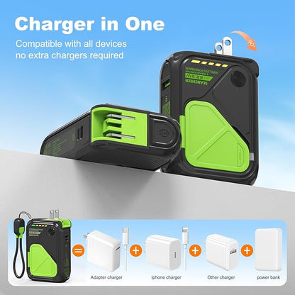 P05 Portable Charger, Magnetic Power Bank, Small Wireless PowerBank, Battery Pack 10000mAh Emergency Travel Essentials Fast Charging with Built in Cable, Foldable Wall Plug for iPhone,Samsung,Andriod