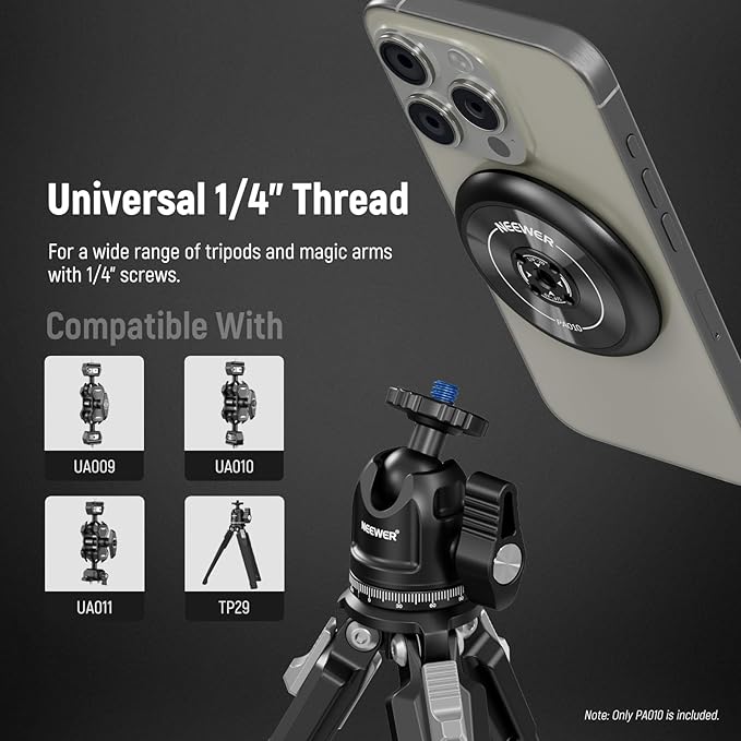 NEEWER Magnetic Phone Tripod Mount Adapter with Adhesive Magnetic Ring Compatible with MagSafe iPhone 15 Pro Max 15 Plus 14 13 12, 1/4" Thread for iPhone Video Recording Selfie Stick Ring Light, PA010