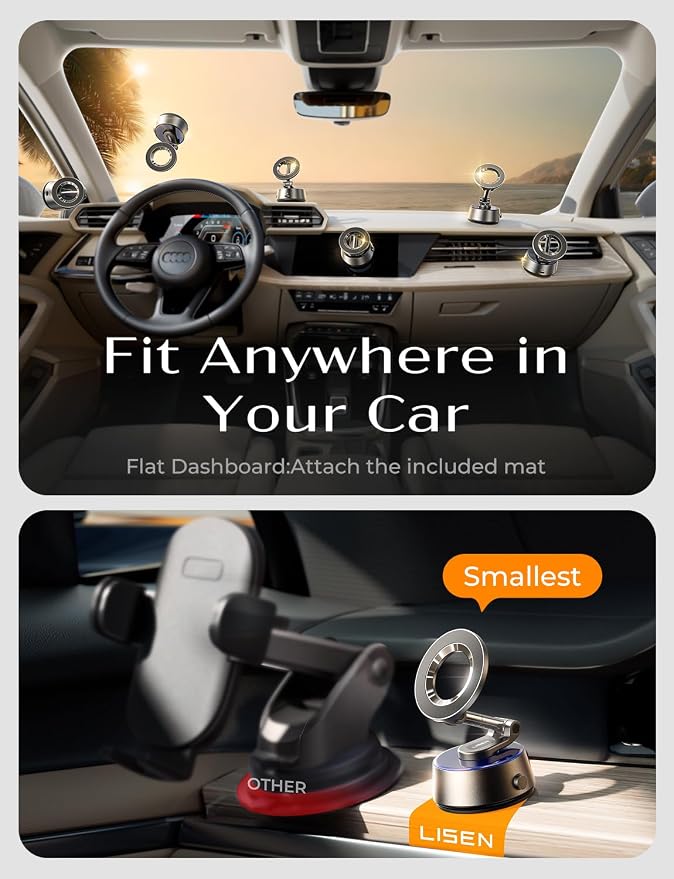 LISEN Suction Phone Mount【2026 Auto Vacuum 3.0】, 360 Adjustable Magnetic Phone Holder for Car Dashboard Universal Magsafe Accessories Gifts for Men Women for iPhone 17 Pro Max Air 16 15 14 13 12