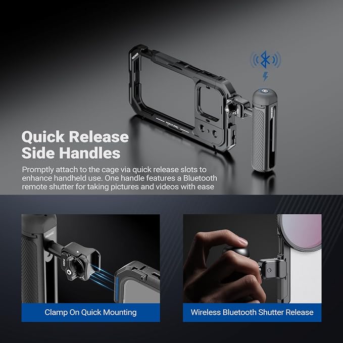 NEEWER Phone Cage Kit Compatible with iPhone 17 Pro Only, Video Rig Stabilizer Accessories with 67mm Filter Ring, 17mm & T Mount Lens Backplates, Quick Release Bluetooth Handle, PA143 (Black)