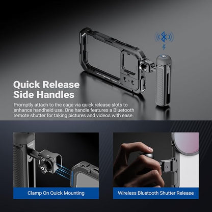 NEEWER Phone Cage Kit Compatible with iPhone 17 Pro Only, Video Rig Stabilizer Accessories with 67mm Filter Ring, 17mm & T Mount Lens Backplates, Quick Release Bluetooth Handle, PA143 (Black)