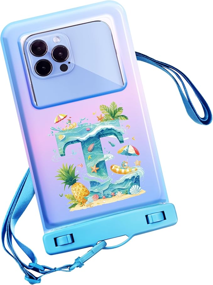 Personalized Initial Waterproof Phone Pouch Case - IPX8 Cellphone Dry Bag with Lanyard for iPhone 16/15/14/13/12 Pro Max (6.1–6.9"), Beach & Cruise Ship Essentials with Monogrammed Design (Blue, T)