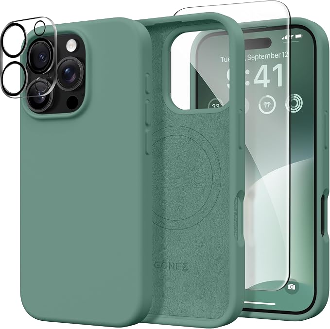 GONEZ Magnetic for iPhone 16 Pro Case, Compatible with MagSafe, [Screen Protector + Camera Lens Protector], Silicone Shockproof Anti-Scratch Protective Phone Case 6.3 inch, Midnight Green