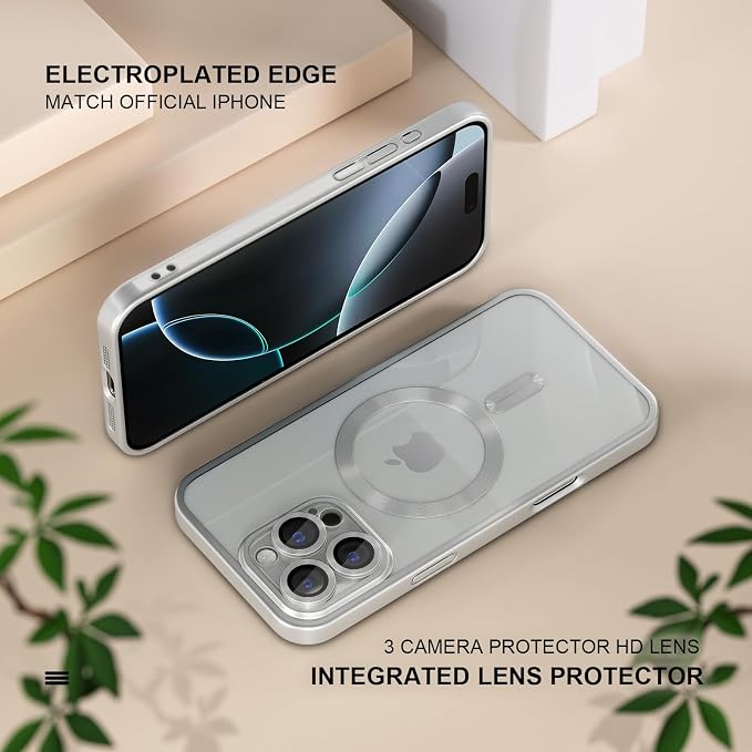 Misea Magnetic for iPhone 16 Pro Max Case Compatible with MagSafe [Never Yellowing] [Military Grade Drop Protection] Full Camera Lens Protector Plating Soft Clear Phone Case for Women, Titanium Silver