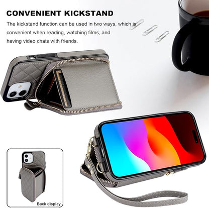 Bocasal Crossbody Wallet Case for iPhone 12/12 Pro, RFID Blocking PU Leather Zipper Handbag Purse Flip Cover, Kickstand Folio Case with Card Slots Holder Wrist Strap Lanyard 5G 6.1 Inch (Grey)