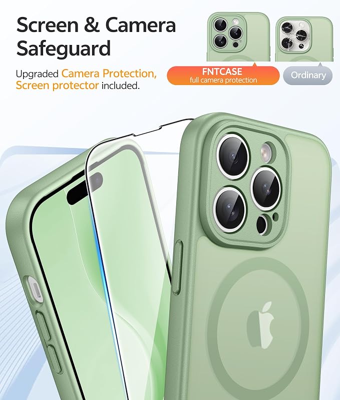 FNTCASE for iPhone 14 Pro Max Case: [Compatible with Magsafe] Translucent Matte Cases with [Full Camera Protection] [Screen Protector] Military Grade Shockproof Protective Phone Cover - Light Moss