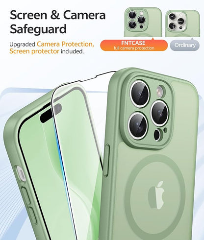FNTCASE for iPhone 14 Pro Max Case: [Compatible with Magsafe] Translucent Matte Cases with [Full Camera Protection] [Screen Protector] Military Grade Shockproof Protective Phone Cover - Light Moss