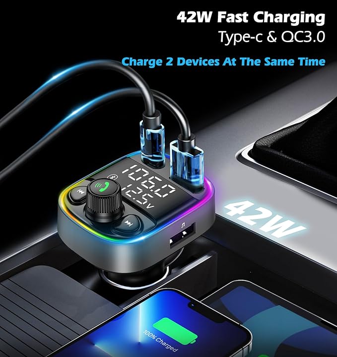 LIHAN Bluetooth 5.4 Bluetooth Car Adapter, FM Transmitter with QC3.0/Type-C 42W Fast Charging, Dual LED Display, HiFi Bass, Handsfree Calls/Audio Transmitter, TF/USB Music Player, 7-Color Backlit
