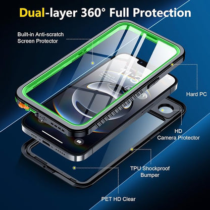 SPIDERCASE for iPhone 16e Case/iPhone 17e Case Waterproof,Built-in Screen & Camera Lens Protector[IP68 Underwater] Full Body Protection Phone Case for iPhone 16e/iPhone 17e 6.1'', Green/Clear