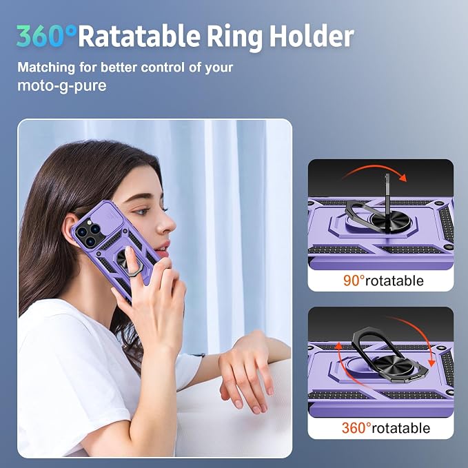 Weycolor for iPhone 13 Pro Case with Camera Lens Cover, HD Screen Protector, 10 FT Military Grade Drop Protection, Magnetic Ring Holder Kickstand Protective Phone Case for iPhone 13 Pro, Lavender