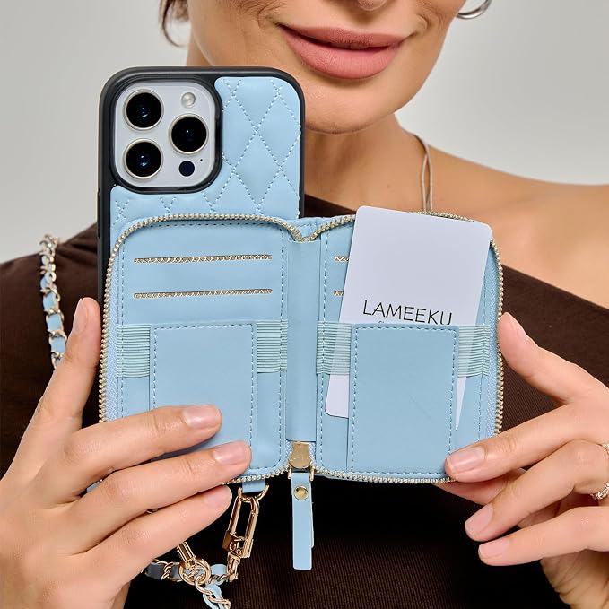 LAMEEKU for iPhone 17 Pro Case Wallet with Card Holder, Wrist Strap Crossbody Phone Cover for Women 6.3" Blue