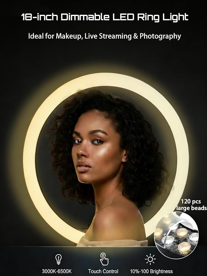 18" Professional LED Ring Light Kit with Tripod,CRI≥95, 3000K-6000K Adjustable Brightness & Color Temp, Includes Phone Holder & Remote for Live Streaming, YouTube, TikTok, Photography, Makeup