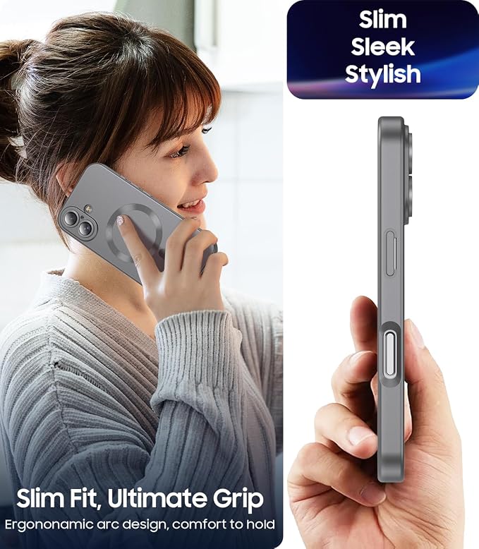 Magnetic for iPhone 17 Case [Compatible with MagSafe][Built-in Camera Lens Protector] Slim Thin Soft Silicone Bumper Shockproof Metallic Luster Phone Case (Gray)