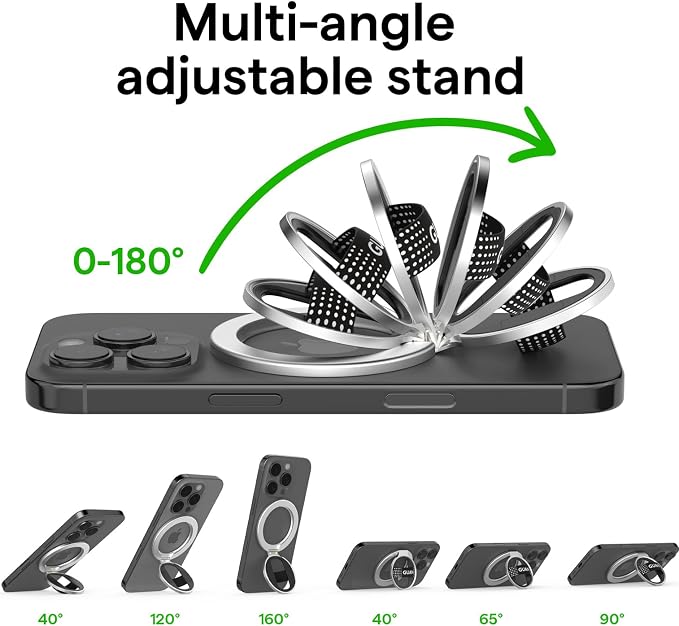 GUAN Magnetic Phone Grip Compatible with MagSafe, 0-180°Adjustable Stand, Replacement Silicone & Elastic Strap Ultra Thin Phone Kickstand for iPhone 17, 16,15 Series All Phones (Metal Ring) Silver