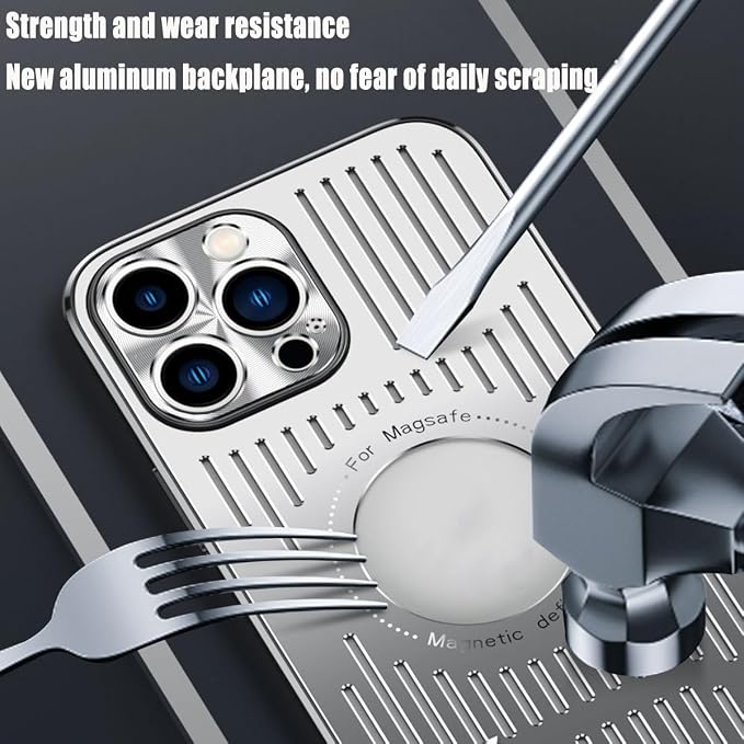 Curranet Metal Heat Dissipation Breathable Case for iPhone,The Metal Hollowed-Out Cooling Case is Suitable for iPhone (15promax,Silver)