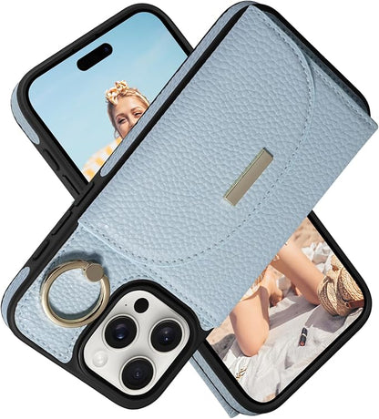 Keallce Wallet Case for iPhone 15 Pro Max 6.7'', Flip Case with Card Slots, Ring Holder Kickstand, PU Leather Protective Folio Cover for Women, Blue