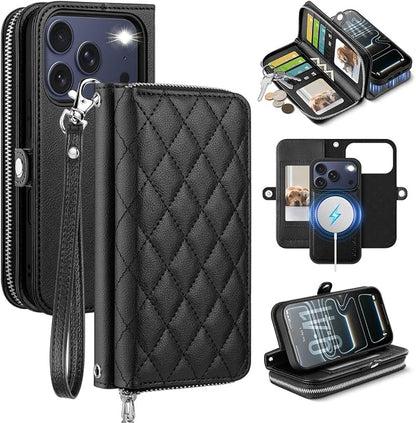OCASE for iPhone 17 Pro Max Crossbody Detachable Wallet Case, PU Leather Handbag Phone Purse with Zipper Closure, Card Slots & RFID Blocking, Wrist Strap, Lanyard, Kickstand, Diamond Check Black
