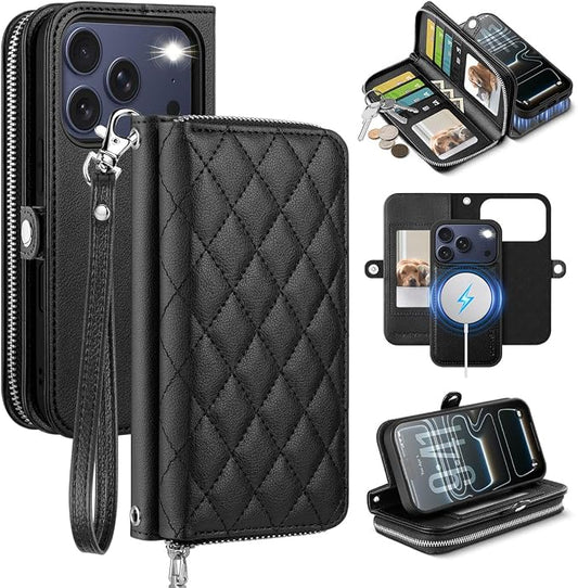 OCASE for iPhone 17 Pro Max Crossbody Detachable Wallet Case, PU Leather Handbag Phone Purse with Zipper Closure, Card Slots & RFID Blocking, Wrist Strap, Lanyard, Kickstand, Diamond Check Black