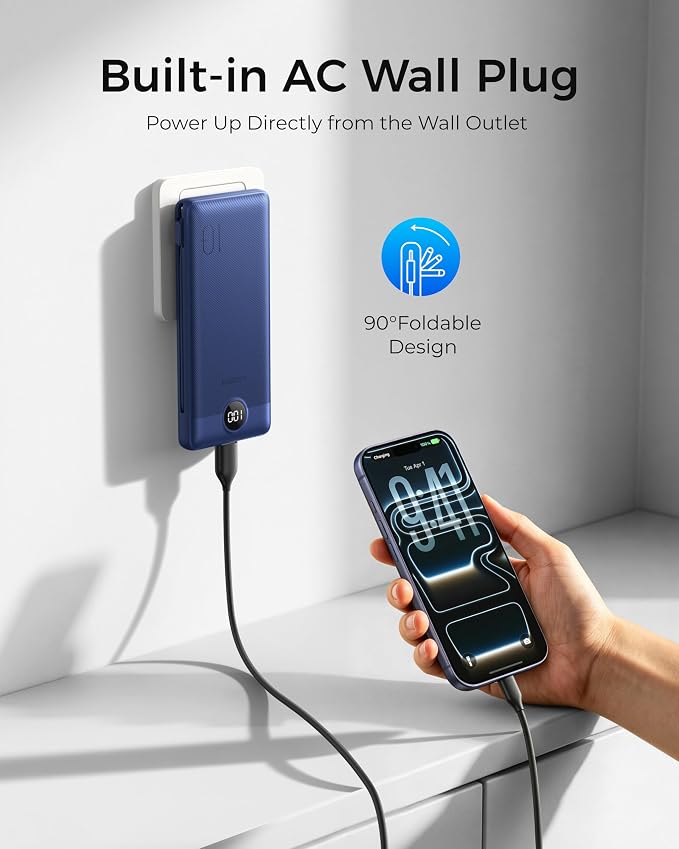 VEGER Portable Charger with Built-in AC Plug and Cables, All in One 10000mAh Ultra Slim Power Bank Travel Essentials, USB C External Battery Pack Compatible with iPhone, Samsung, More, Navy