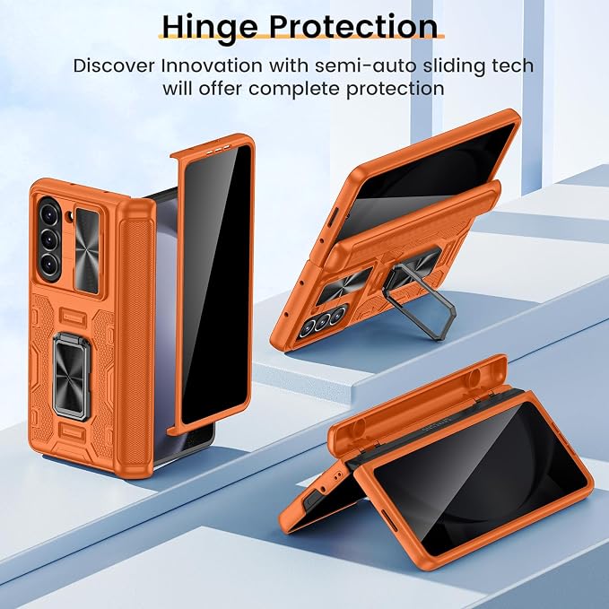 VEGO for Samsung Z Fold 5 Case,with Privacy Screen Protector & Hinge Cover | Built-in Slide Camera Cover, Full-Body Drop Protection Kickstand Privacy Phone Case for Samsung Galaxy Z Fold 5 2023-Orange