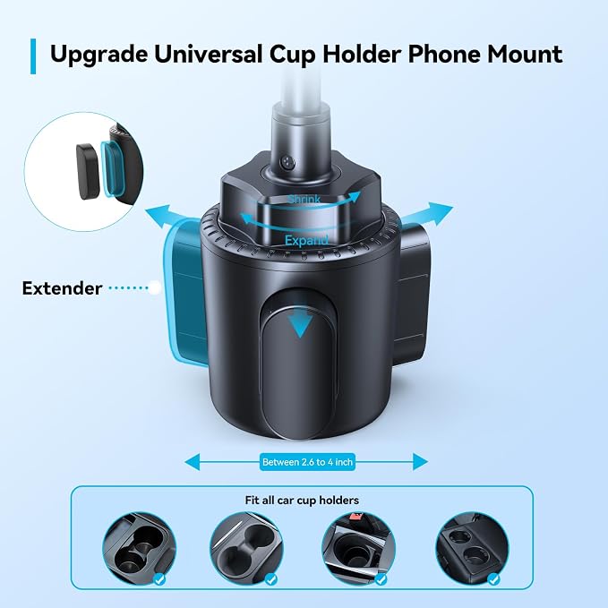 TECKNET Cup Phone Holder for Car - Adjustable Gooseneck Cup Holder Phone Holders with Air Vent Holders & Expandable Base, Cupholder Phones Mount for iPhone 17/16 Pro Max and All Cell Phones, Car Model