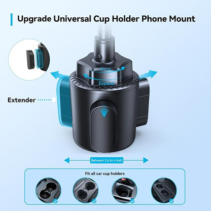 TECKNET Cup Phone Holder for Car - Adjustable Gooseneck Cup Holder Phone Holders with Air Vent Holders & Expandable Base, Cupholder Phones Mount for iPhone 17/16 Pro Max and All Cell Phones, Car Model